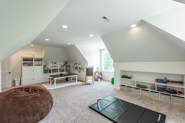 workout room featuring vaulted ceiling, carpet floors, recessed lighting, and baseboards