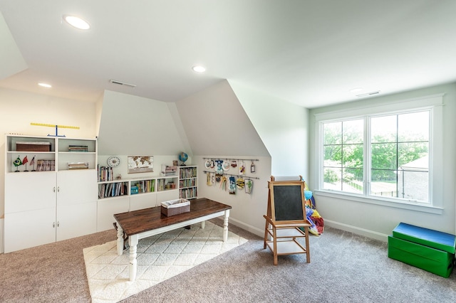 playroom with carpet, baseboards, and recessed lighting