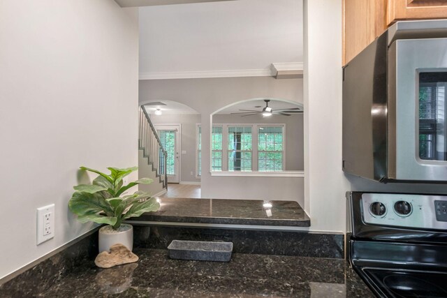 123 Eastdale Ln, Dickson, TN 37055 - kitchen featuring stainless steel appliances, crown molding, arched walkways, ceiling fan, and dark stone counters