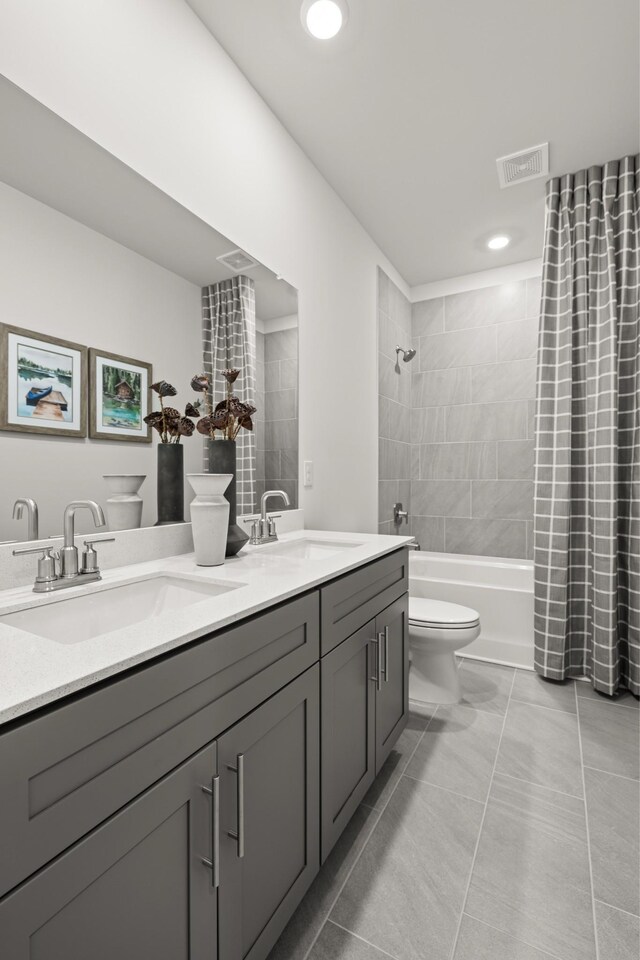 4711 Cresto Loop, Murfreesboro, TN 37128 - bathroom with toilet, double vanity, shower / bathtub combination with curtain, tile patterned floors, and recessed lighting