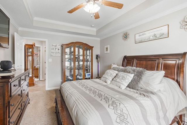 1172 Country Fields Ln, Clarksville, TN 37040 - bedroom with a tray ceiling, crown molding, light colored carpet, ceiling fan, and baseboards