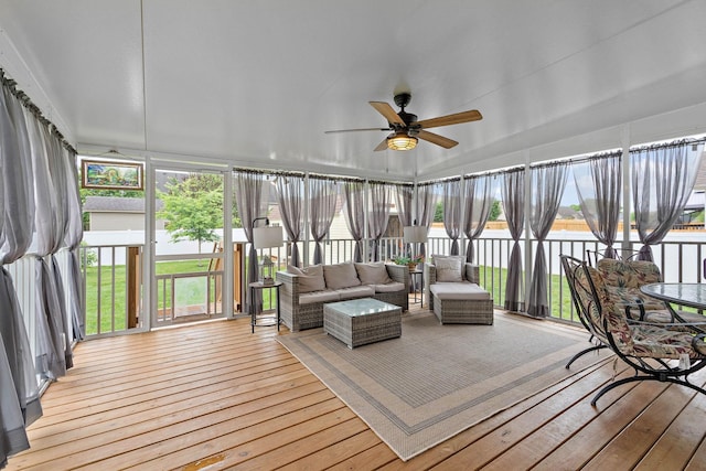 1172 Country Fields Ln, Clarksville, TN 37040 - sunroom / solarium with ceiling fan, outdoor lounge area, wood-type flooring, and a deck