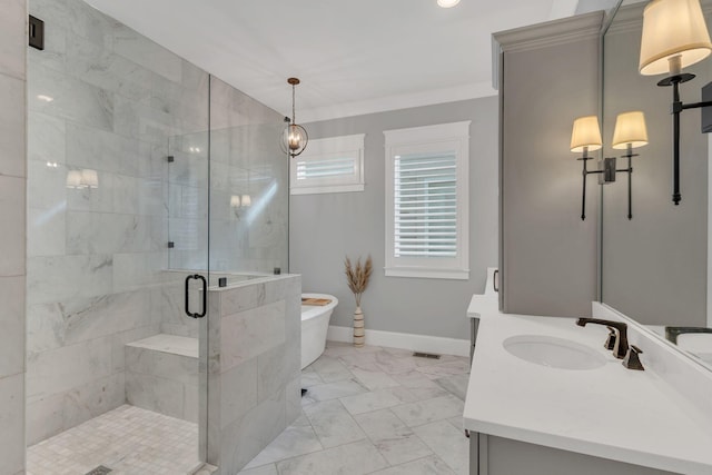 1501 Woodmont Blvd Unit B, Nashville, TN 37215 - bathroom with a stall shower, marble finish floors, a soaking tub, baseboards, and vanity