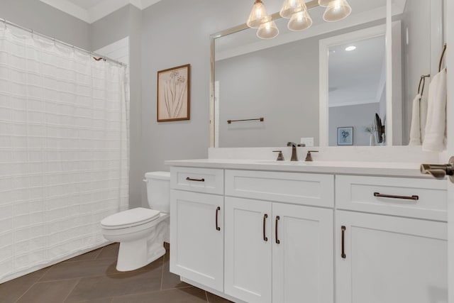 1501 Woodmont Blvd Unit B, Nashville, TN 37215 - bathroom with toilet, vanity, tile patterned flooring, a shower with curtain, and a chandelier