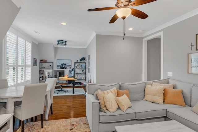 1501 Woodmont Blvd Unit B, Nashville, TN 37215 - living area with an office area, crown molding, wood finished floors, a ceiling fan, and recessed lighting