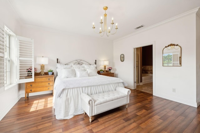 bedroom with a chandelier, wood finished floors, crown molding, multiple windows, and baseboards