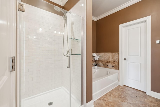 full bathroom with crown molding, a shower stall, and a bath