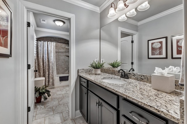 6018 Trotwood Ln, Spring Hill, TN 37174 - bathroom with marble finish floors, vanity, shower / bath combo, and crown molding