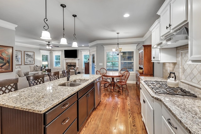6018 Trotwood Ln, Spring Hill, TN 37174 - kitchen featuring a fireplace, stainless steel appliances, a ceiling fan, a sink, and white cabinets