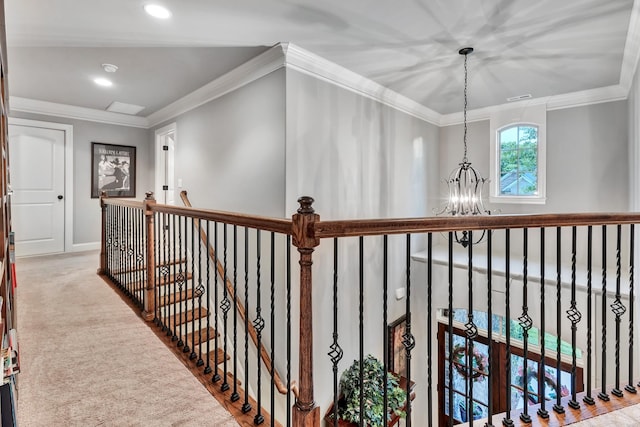 6018 Trotwood Ln, Spring Hill, TN 37174 - corridor featuring an upstairs landing, a chandelier, baseboards, carpet floors, and crown molding