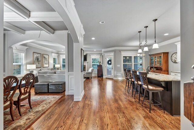 6018 Trotwood Ln, Spring Hill, TN 37174 - dining area featuring ornamental molding, wood finished floors, recessed lighting, and beam ceiling