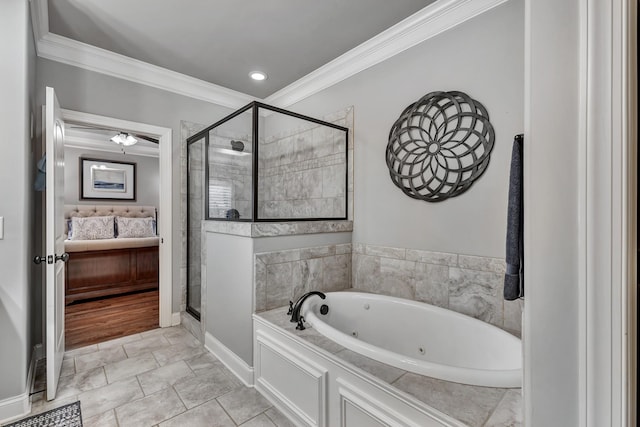 6018 Trotwood Ln, Spring Hill, TN 37174 - bathroom with a shower stall, crown molding, a tub with jets, and baseboards