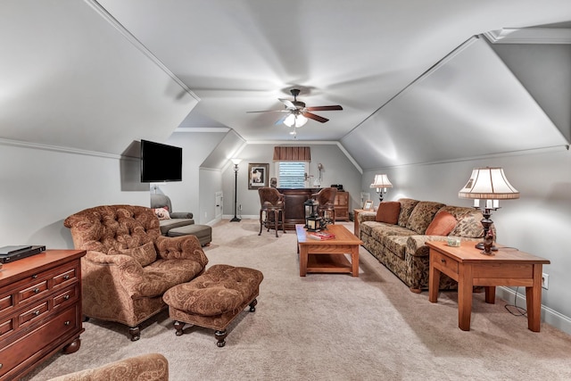 6018 Trotwood Ln, Spring Hill, TN 37174 - living area with light carpet, ceiling fan, vaulted ceiling, and baseboards