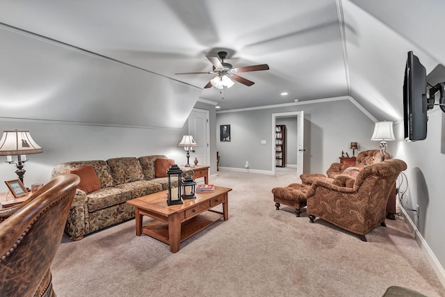 6018 Trotwood Ln, Spring Hill, TN 37174 - living room featuring a ceiling fan, light colored carpet, lofted ceiling, crown molding, and baseboards