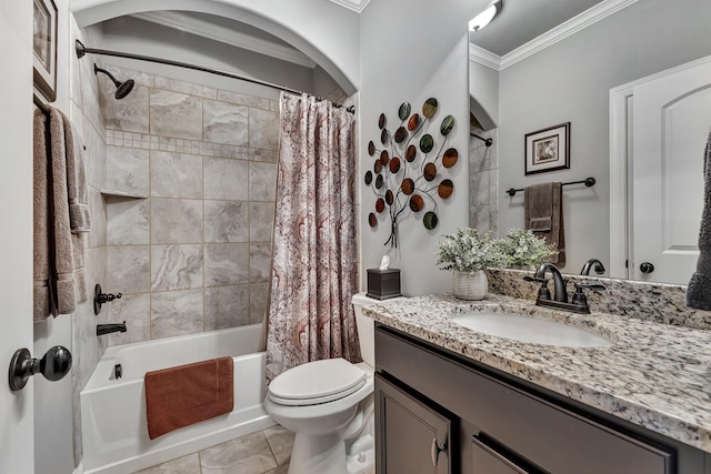6018 Trotwood Ln, Spring Hill, TN 37174 - bathroom featuring crown molding, toilet, shower / tub combo with curtain, and vanity