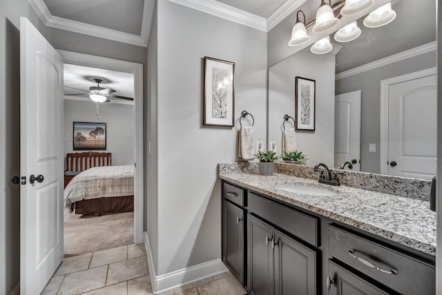 6018 Trotwood Ln, Spring Hill, TN 37174 - bathroom with baseboards, vanity, a ceiling fan, ornamental molding, and a chandelier