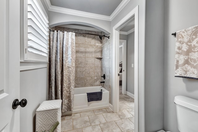 6018 Trotwood Ln, Spring Hill, TN 37174 - bathroom featuring crown molding, shower / bath combo with shower curtain, toilet, and marble look tiles