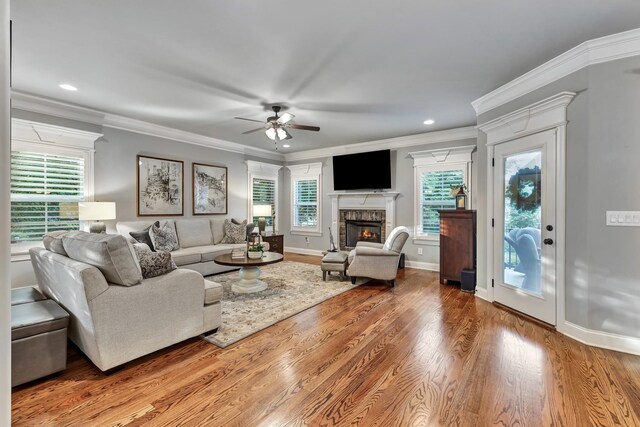 6018 Trotwood Ln, Spring Hill, TN 37174 - living room featuring ceiling fan, a fireplace, healthy amount of natural light, wood finished floors, and crown molding