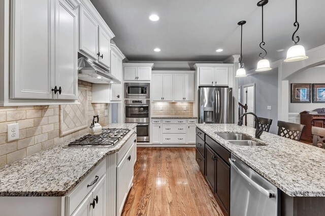 6018 Trotwood Ln, Spring Hill, TN 37174 - kitchen with appliances with stainless steel finishes, a sink, light wood-style floors, under cabinet range hood, and white cabinetry