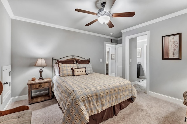 6018 Trotwood Ln, Spring Hill, TN 37174 - carpeted bedroom featuring baseboards, crown molding, connected bathroom, and ceiling fan