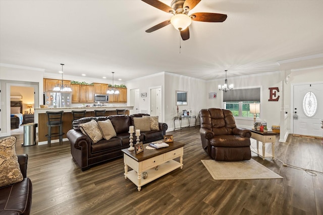 5004 Curtis Way, Cookeville, TN 38506 - living area featuring a chandelier, ceiling fan, dark wood finished floors, and ornamental molding