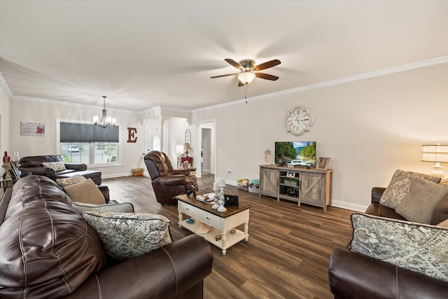 5004 Curtis Way, Cookeville, TN 38506 - living room featuring ceiling fan, a chandelier, crown molding, dark wood-type flooring, and baseboards