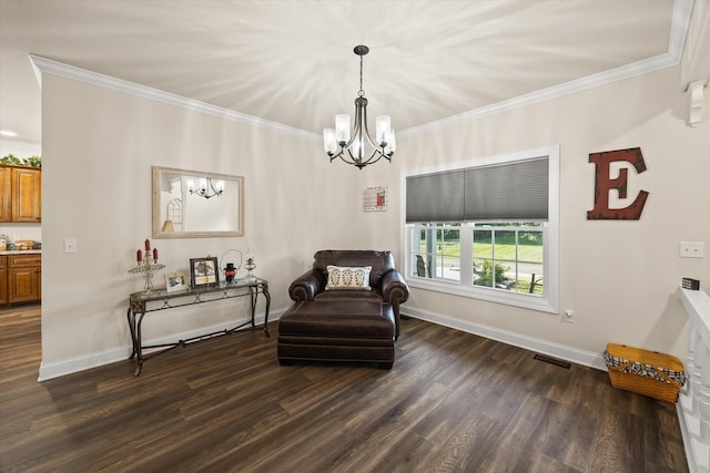 5004 Curtis Way, Cookeville, TN 38506 - living area with a chandelier, dark wood-style floors, baseboards, and ornamental molding