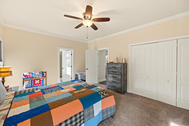 5004 Curtis Way, Cookeville, TN 38506 - carpeted bedroom with crown molding, a closet, and a ceiling fan