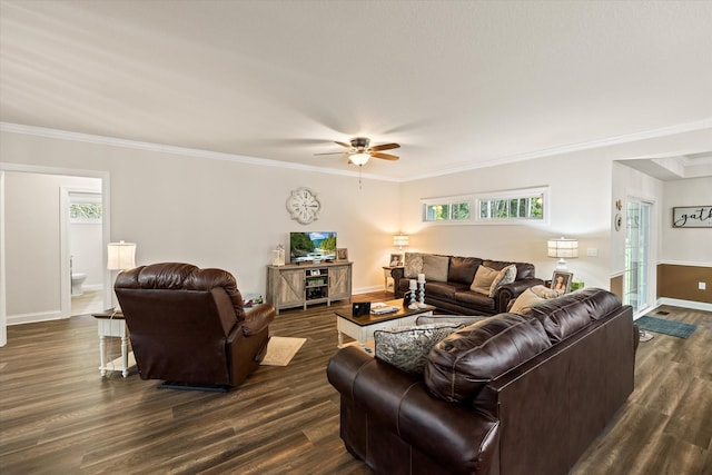 5004 Curtis Way, Cookeville, TN 38506 - living room with dark wood finished floors, a ceiling fan, baseboards, and ornamental molding