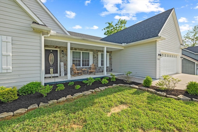 5004 Curtis Way, Cookeville, TN 38506 - ranch-style house with an attached garage, roof with shingles, a porch, driveway, and stone siding