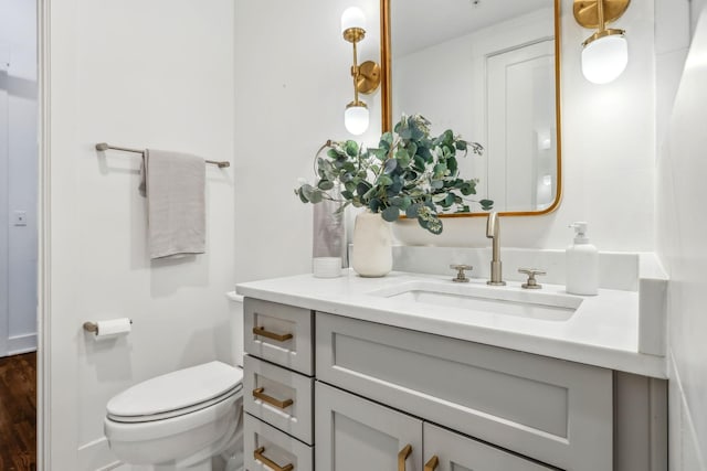 bathroom featuring toilet, vanity, and wood finished floors
