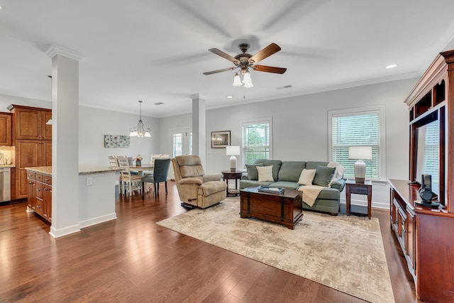 4801 Beryl Dr, Murfreesboro, TN 37128 - living room featuring ceiling fan, dark wood-style floors, crown molding, recessed lighting, and baseboards