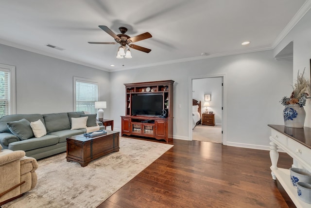 4801 Beryl Dr, Murfreesboro, TN 37128 - living room featuring healthy amount of natural light, a ceiling fan, recessed lighting, dark wood-type flooring, and ornamental molding