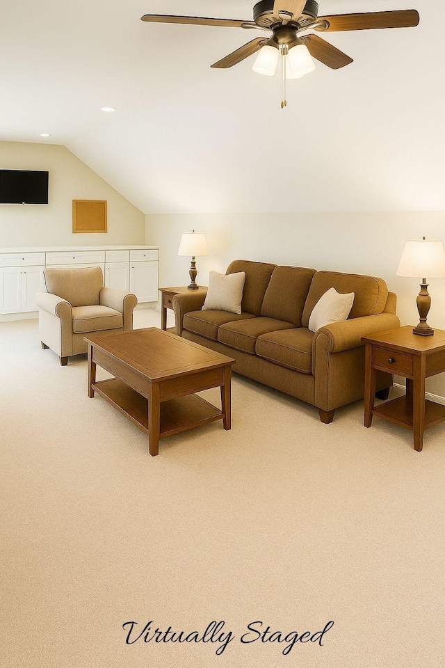 4801 Beryl Dr, Murfreesboro, TN 37128 - living room featuring lofted ceiling, light colored carpet, and ceiling fan