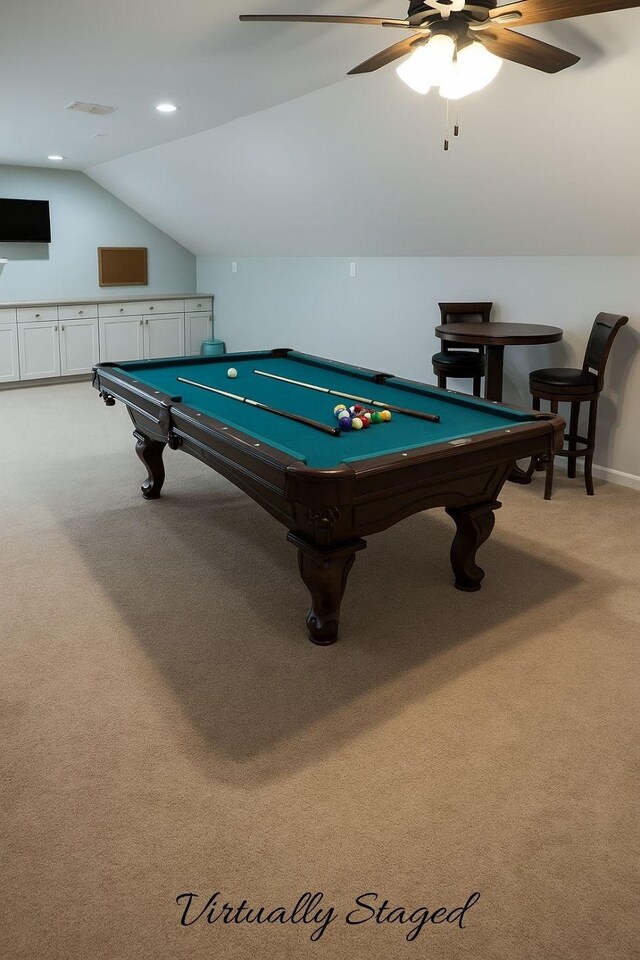 4801 Beryl Dr, Murfreesboro, TN 37128 - rec room featuring vaulted ceiling, light carpet, pool table, a ceiling fan, and recessed lighting