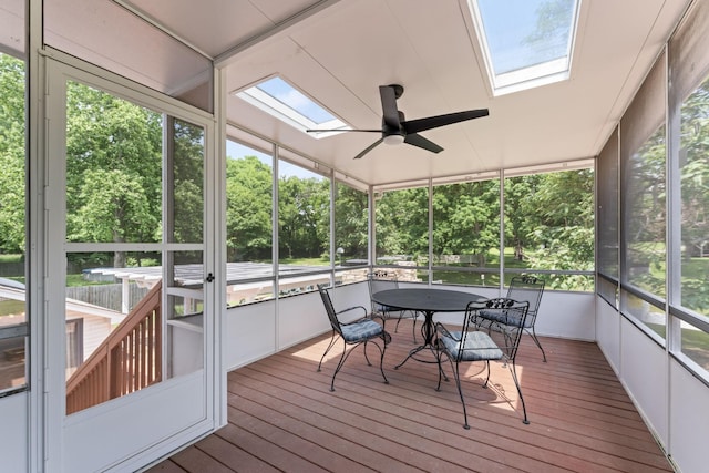 sunroom featuring a skylight, ceiling fan, and healthy amount of natural light