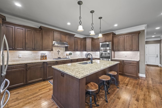 2979 Stewart Campbell Pt, Spring Hill, TN 37174 - kitchen featuring stainless steel appliances, a sink, under cabinet range hood, ornamental molding, and a center island with sink
