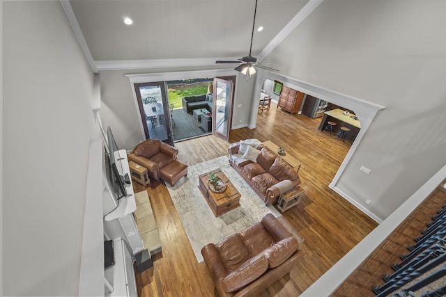 2979 Stewart Campbell Pt, Spring Hill, TN 37174 - living room with ornamental molding, wood finished floors, a ceiling fan, baseboards, and recessed lighting
