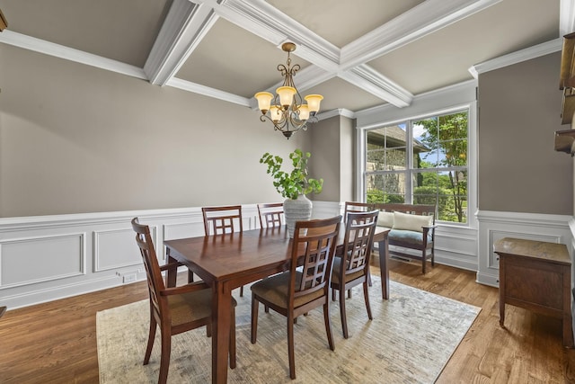 2979 Stewart Campbell Pt, Spring Hill, TN 37174 - dining space featuring a chandelier, ornamental molding, coffered ceiling, wood finished floors, and beamed ceiling