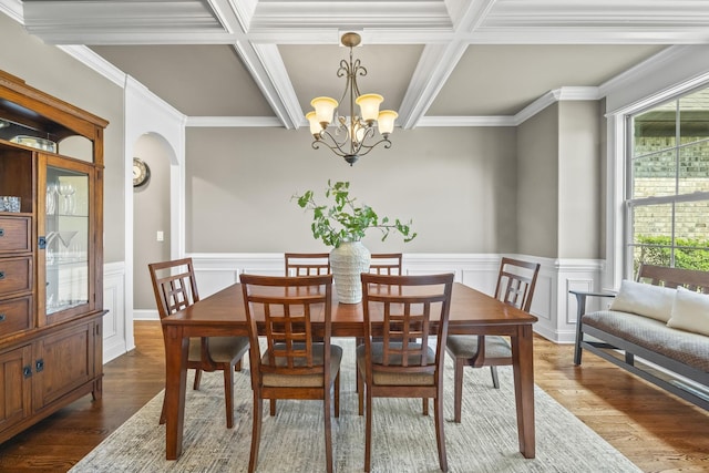 2979 Stewart Campbell Pt, Spring Hill, TN 37174 - dining area with coffered ceiling, a chandelier, dark wood finished floors, arched walkways, and wainscoting