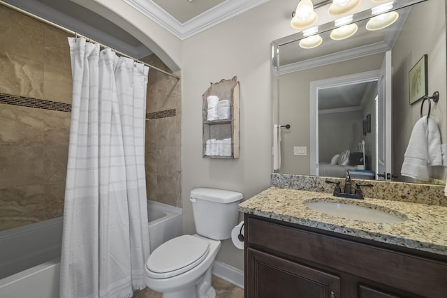 2979 Stewart Campbell Pt, Spring Hill, TN 37174 - bathroom featuring shower / tub combo with curtain, ornamental molding, vanity, toilet, and baseboards