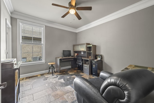 2979 Stewart Campbell Pt, Spring Hill, TN 37174 - home office featuring stone tile floors, ornamental molding, baseboards, and ceiling fan