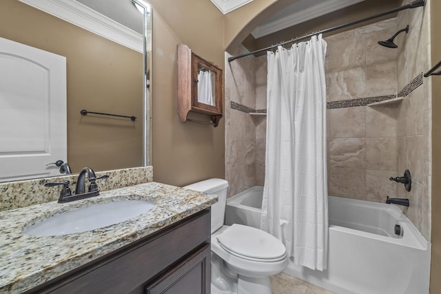 2979 Stewart Campbell Pt, Spring Hill, TN 37174 - bathroom featuring shower / bathtub combination with curtain, toilet, vanity, ornamental molding, and tile patterned flooring