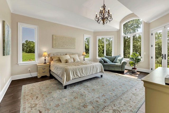 1477 S Harpeth Rd, Kingston Springs, TN 37082 - bedroom featuring access to outside, baseboards, dark wood-style floors, a chandelier, and vaulted ceiling