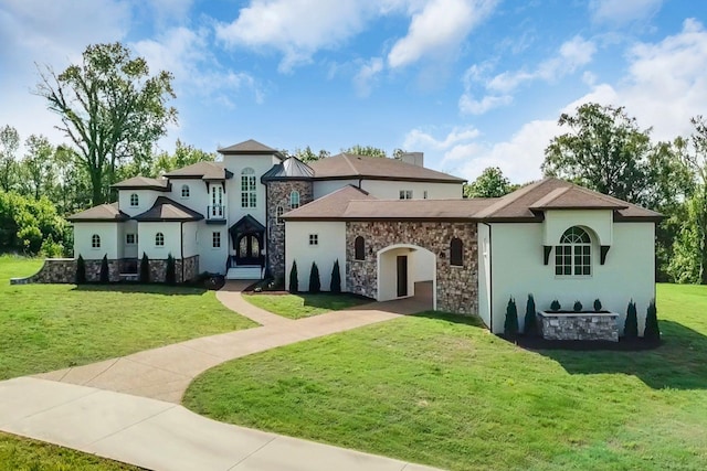 1477 S Harpeth Rd, Kingston Springs, TN 37082 - view of front of property with stone siding, a front lawn, and stucco siding