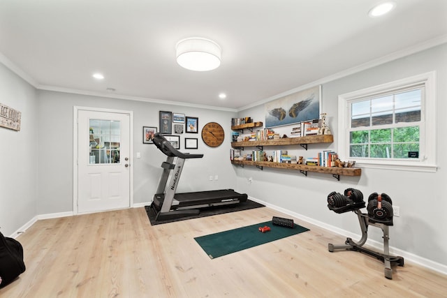 8757 Horton Hwy, College Grove, TN 37046 - exercise area with ornamental molding, wood finished floors, recessed lighting, and baseboards