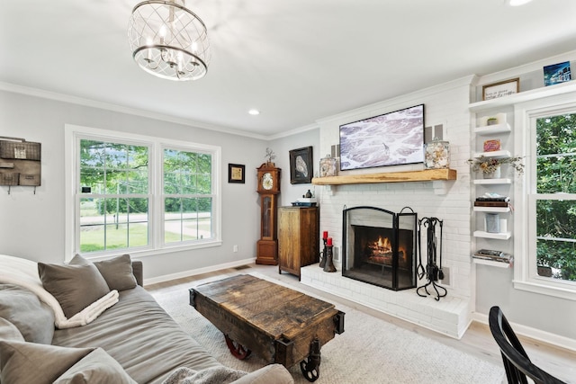 8757 Horton Hwy, College Grove, TN 37046 - living area featuring crown molding, plenty of natural light, a brick fireplace, baseboards, and recessed lighting