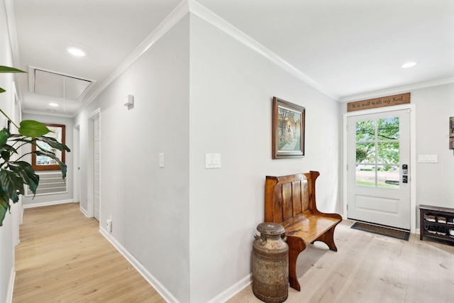 8757 Horton Hwy, College Grove, TN 37046 - foyer featuring light wood-type flooring, crown molding, recessed lighting, and baseboards