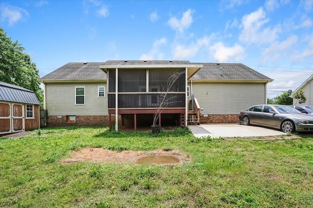 1306 Cason Trl, Murfreesboro, TN 37128 - rear view of house with a storage shed, a sunroom, a lawn, and an outdoor structure