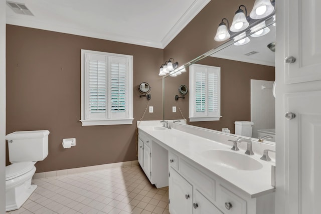 full bath with toilet, tile patterned floors, ornamental molding, and healthy amount of natural light